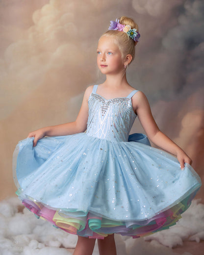 Rainbow on a Cloudy Day — Girls Rainbow Birthday Dress | Heirloom Tulle Petticoat & Bow Dress