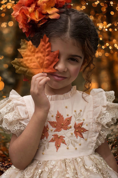 Falling in Lace — Embroidered Autumn Leaf Girls Dress | Gold Lace Ruffle Heirloom Boutique Dress
