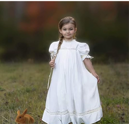 Miss England Rose Flower Girl Dress – Vintage Inspired Cotton Boutique Girls Dress | Lace Puff Sleeve Heirloom Style