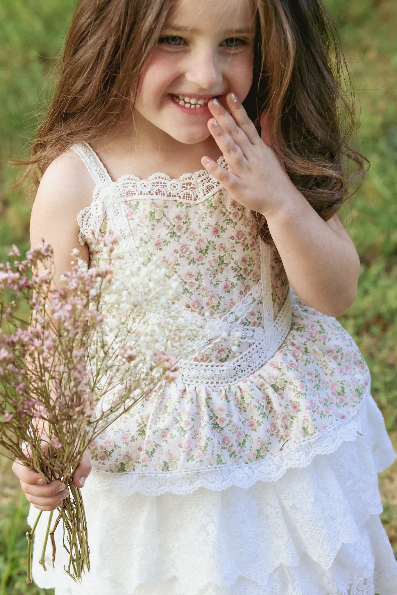 Rosebud Cottage Dress – Floral Print Cottagecore Boutique Girls Dress | Scalloped Lace Tiered Heirloom Style Flower Girl