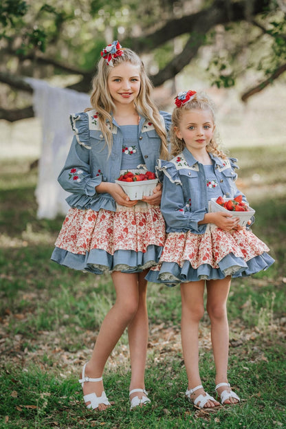 Prairie Rose Set – Embroidered Vintage Inspired Denim Cotton Boutique Girls Set | Floral Lined Jacket Petticoat Cottagecore Style