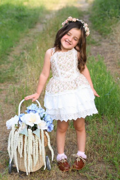 Rosebud Cottage Dress – Floral Print Cottagecore Boutique Girls Dress | Scalloped Lace Tiered Heirloom Style Flower Girl