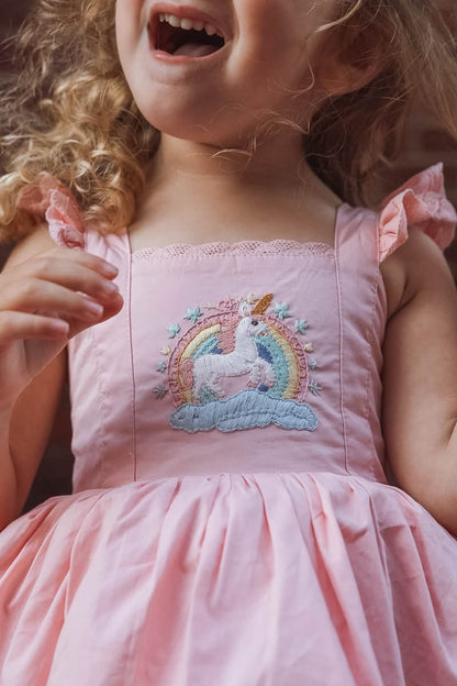 Unicorn Dreams Dress – HAND Embroidered Bodice | Cotton Boutique Girls Dress | Tulle Lace Ruffle Heirloom Style