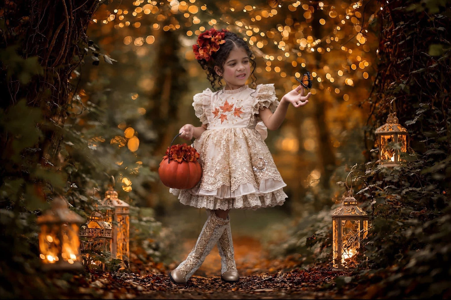 Falling in Lace — Embroidered Autumn Leaf Girls Dress | Gold Lace Ruffle Heirloom Boutique Dress
