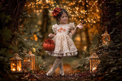 Falling in Lace — Embroidered Autumn Leaf Girls Dress | Gold Lace Ruffle Heirloom Boutique Dress