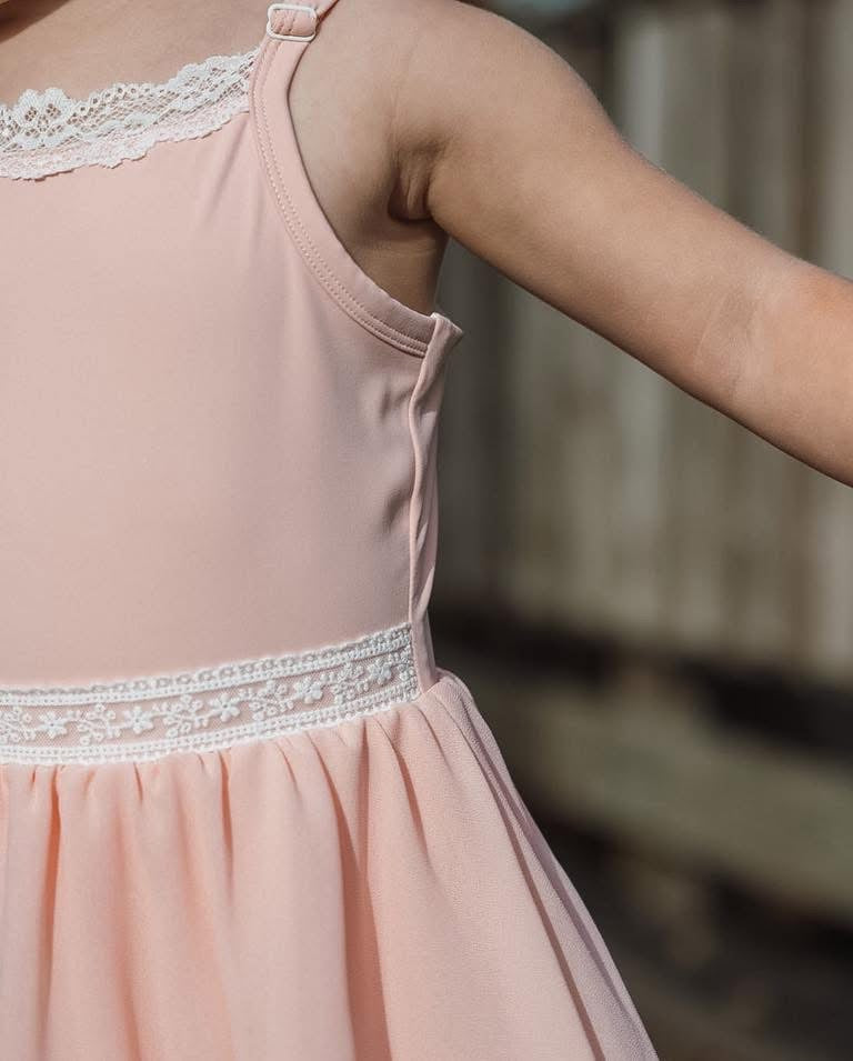 Ballet Pink Pirouette – Lace Detail Chiffon Boutique Girls Dance Leotard | Built-In Shorts Adjustable Straps Heirloom Style