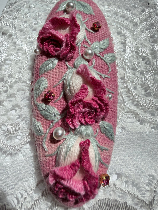 Hand-Embroidered 3D Rose Hair Clip — Framboise, Raspberry Pink