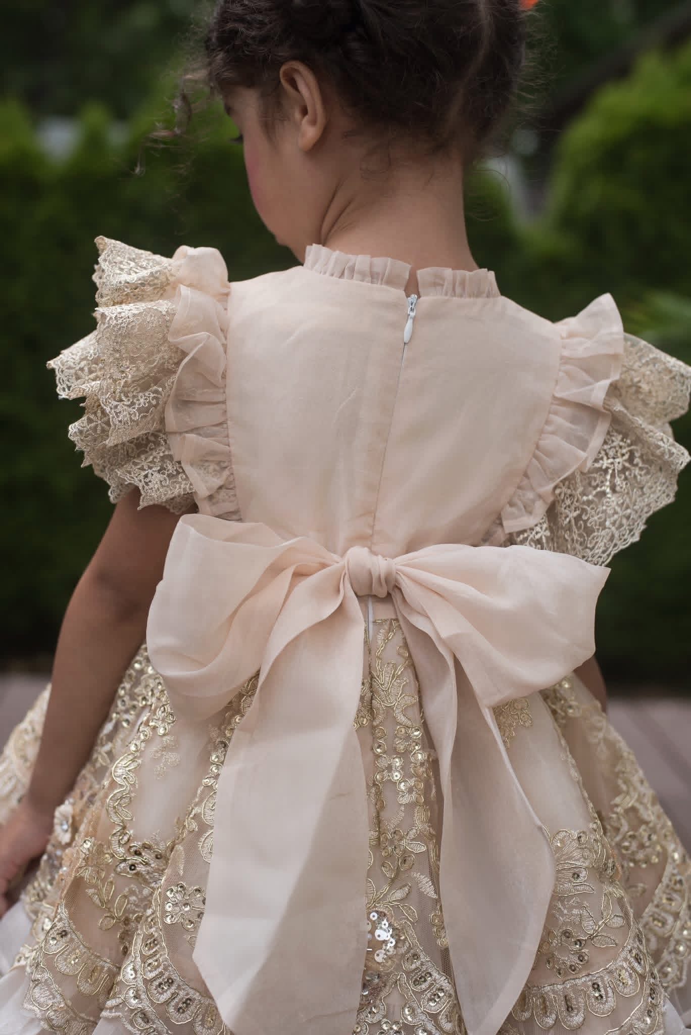 Falling in Lace — Embroidered Autumn Leaf Girls Dress | Gold Lace Ruffle Heirloom Boutique Dress