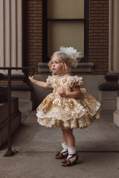 Golden Heiress Dress – Floral Appliqué Gold Lace Girls Dress | Organza Ruffle Heirloom Style