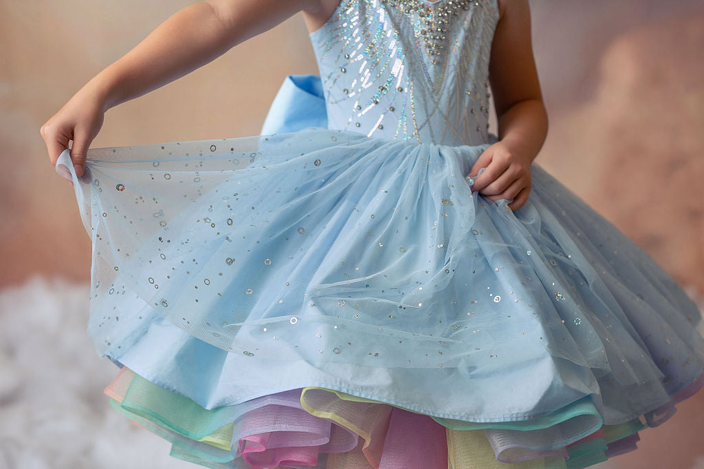 Rainbow on a Cloudy Day — Girls Rainbow Birthday Dress | Heirloom Tulle Petticoat & Bow Dress