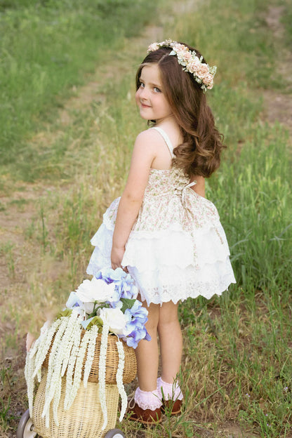 Rosebud Cottage Dress – Floral Print Cottagecore Boutique Girls Dress | Scalloped Lace Tiered Heirloom Style Flower Girl