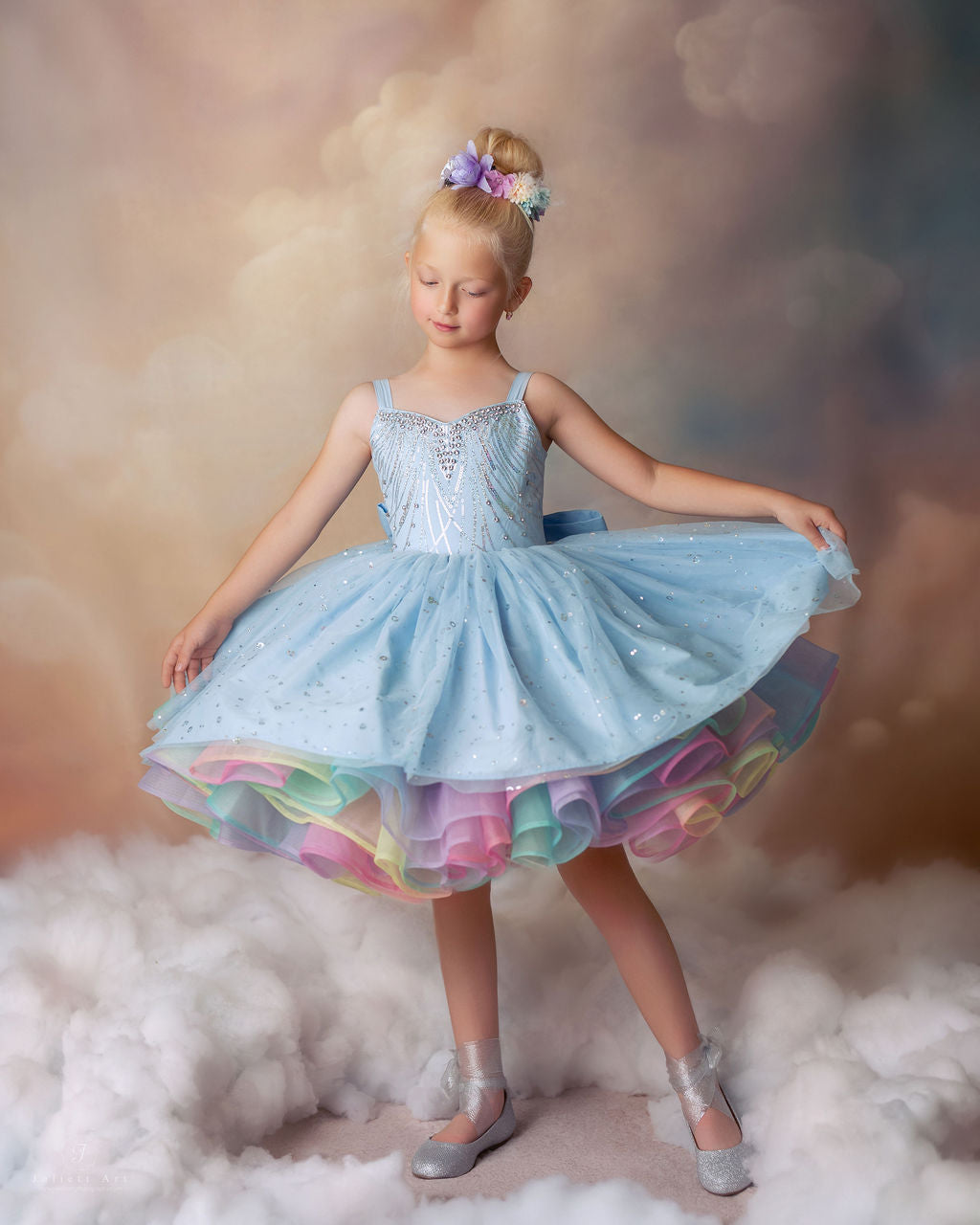 Rainbow on a Cloudy Day — Girls Rainbow Birthday Dress | Heirloom Tulle Petticoat & Bow Dress