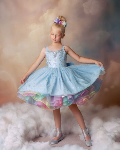 Rainbow on a Cloudy Day — Girls Rainbow Birthday Dress | Heirloom Tulle Petticoat & Bow Dress