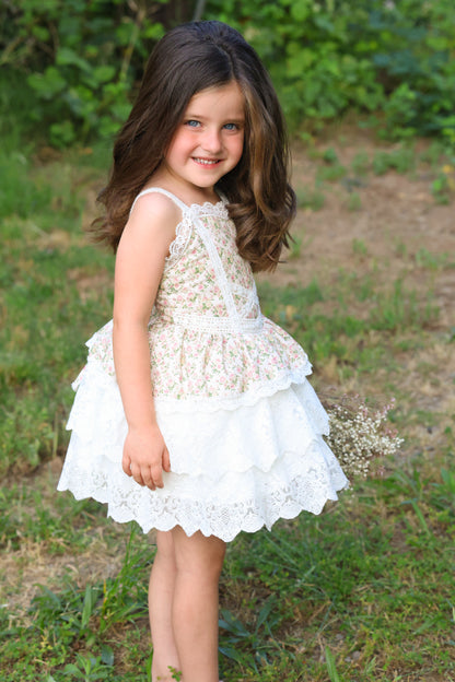 Rosebud Cottage Dress – Floral Print Cottagecore Boutique Girls Dress | Scalloped Lace Tiered Heirloom Style Flower Girl