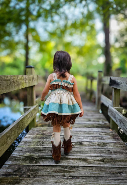 Teal Breeze and Blush Trail Romper – Vintage Inspired Boutique Girls Romper | Viscose Lace Fringe Cottagecore Style