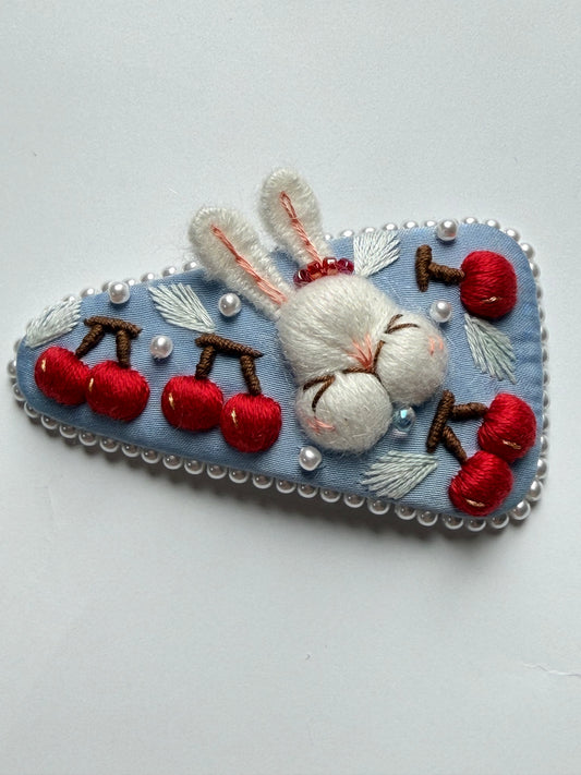 "Cerise en Ligne" — Cherry Row Bunny Hand-Embroidered Heirloom Barrette