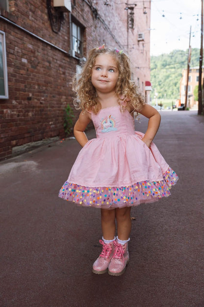 Unicorn Dreams Dress – HAND Embroidered Bodice | Cotton Boutique Girls Dress | Tulle Lace Ruffle Heirloom Style
