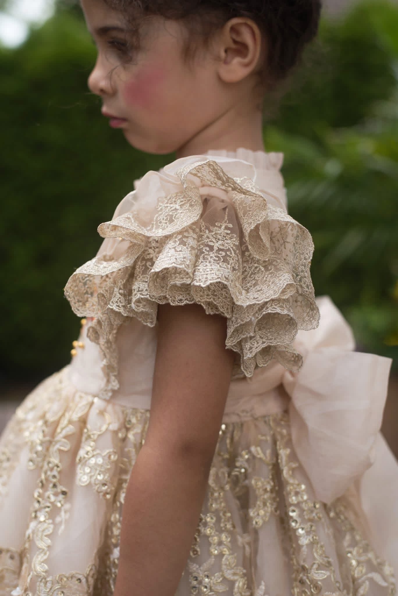 Falling in Lace — Embroidered Autumn Leaf Girls Dress | Gold Lace Ruffle Heirloom Boutique Dress