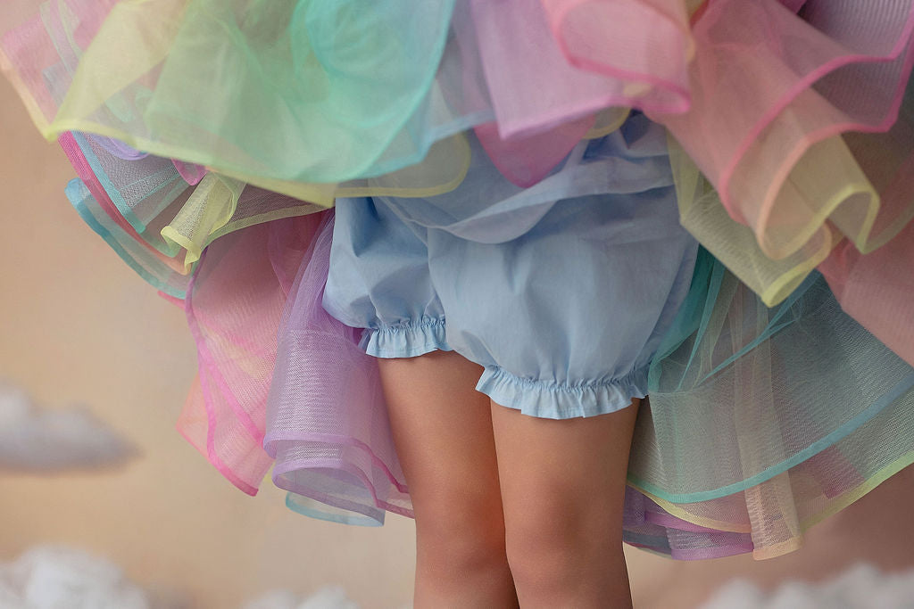 Rainbow on a Cloudy Day — Girls Rainbow Birthday Dress | Heirloom Tulle Petticoat & Bow Dress