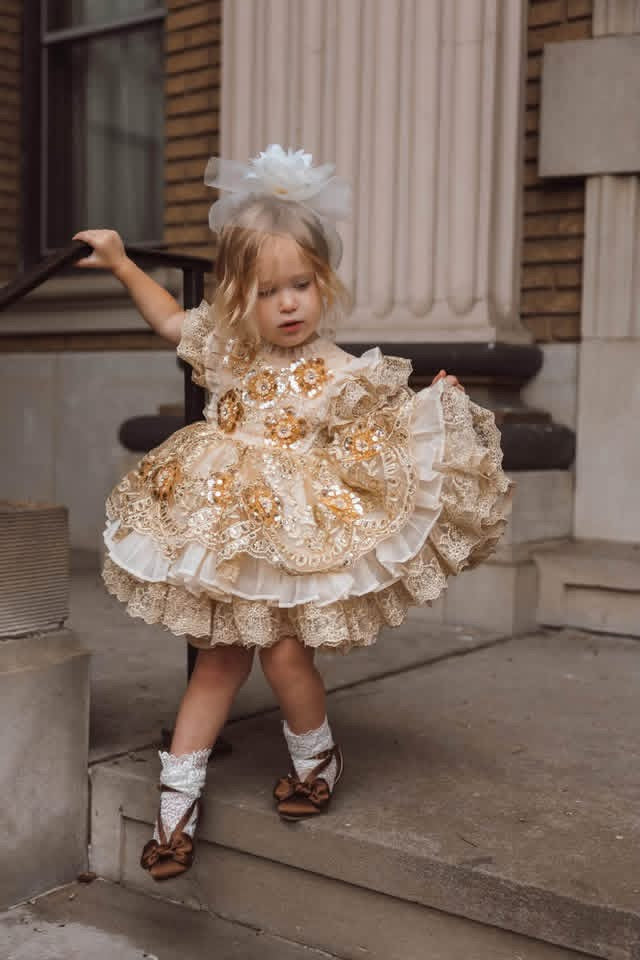 Golden Heiress Dress – Floral Appliqué Gold Lace Girls Dress | Organza Ruffle Heirloom Style