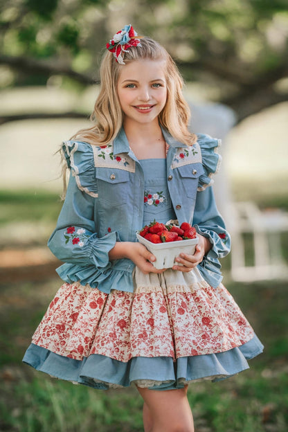 Prairie Rose Set – Embroidered Vintage Inspired Denim Cotton Boutique Girls Set | Floral Lined Jacket Petticoat Cottagecore Style