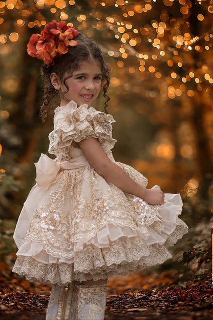Falling in Lace — Embroidered Autumn Leaf Girls Dress | Gold Lace Ruffle Heirloom Boutique Dress