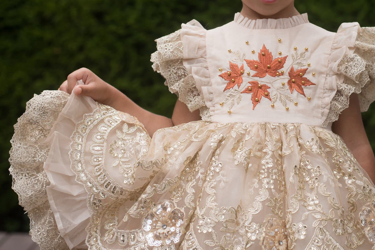 Falling in Lace — Embroidered Autumn Leaf Girls Dress | Gold Lace Ruffle Heirloom Boutique Dress