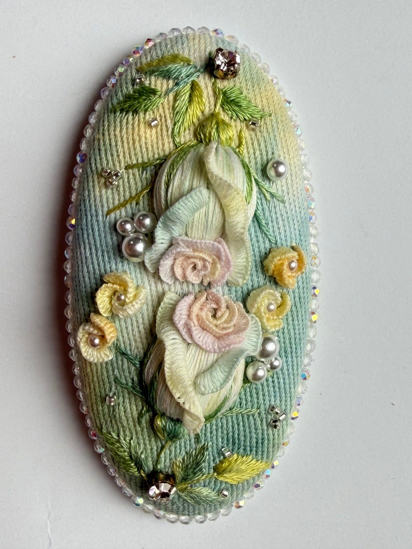 "Rosée de l'Aube" — Aqua & Lavender Rose Hand-Embroidered Heirloom Barrette