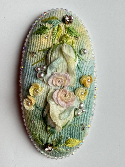 "Rosée de l'Aube" — Aqua & Lavender Rose Hand-Embroidered Heirloom Barrette