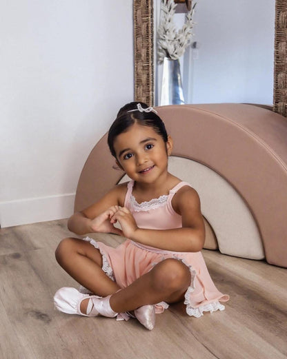 Ballet Pink Pirouette – Lace Detail Chiffon Boutique Girls Dance Leotard | Built-In Shorts Adjustable Straps Heirloom Style