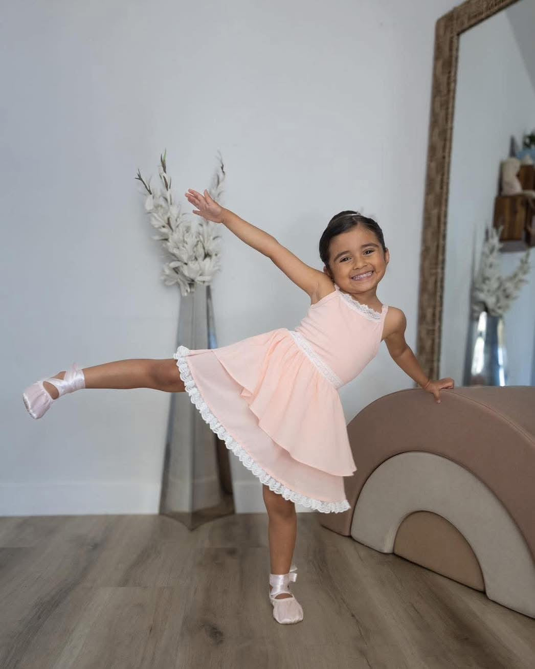 Ballet Pink Pirouette – Lace Detail Chiffon Boutique Girls Dance Leotard | Built-In Shorts Adjustable Straps Heirloom Style
