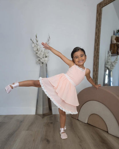 Ballet Pink Pirouette – Lace Detail Chiffon Boutique Girls Dance Leotard | Built-In Shorts Adjustable Straps Heirloom Style