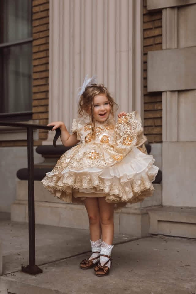 Golden Heiress Dress – Floral Appliqué Gold Lace Girls Dress | Organza Ruffle Heirloom Style
