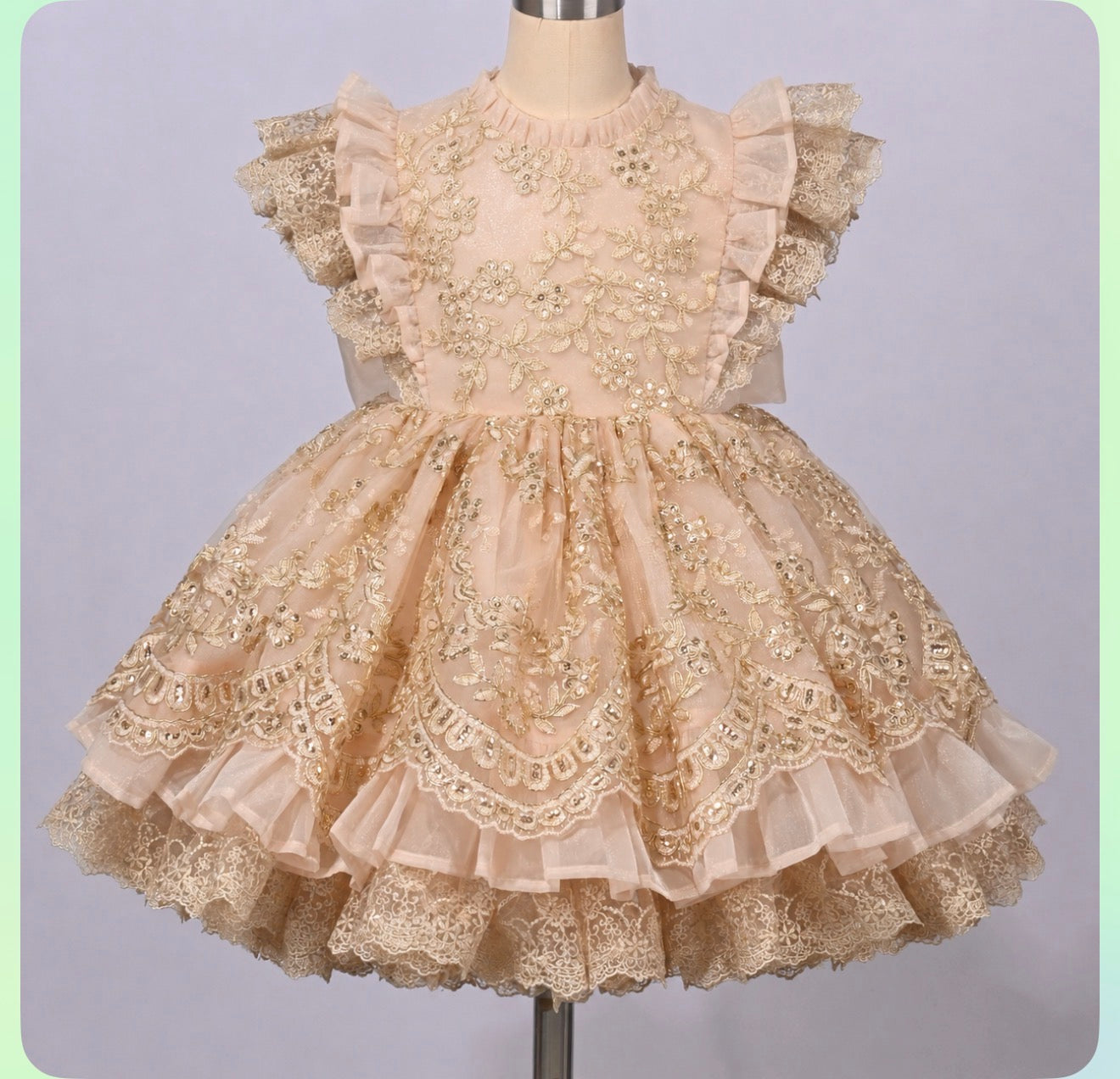 Falling in Lace Gold — All-Gold Lace Ruffle Girls Dress | Heirloom Boutique Dress