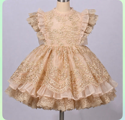 Falling in Lace Gold — All-Gold Lace Ruffle Girls Dress | Heirloom Boutique Dress