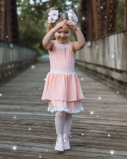 Ballet Pink Pirouette – Lace Detail Chiffon Boutique Girls Dance Leotard | Built-In Shorts Adjustable Straps Heirloom Style