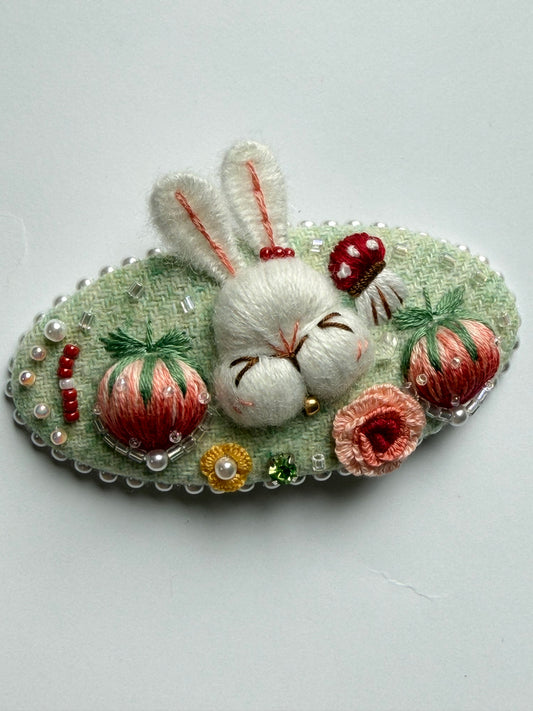 "Fraise au Jardin" — Strawberry Garden Bunny Hand-Embroidered Heirloom