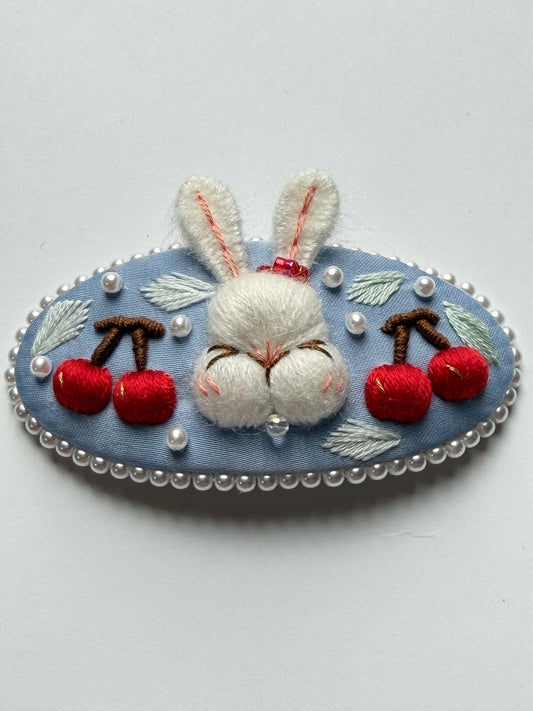 "Coco Cerise Ovale" — Cherry Bunny Hand-Embroidered Heirloom Oval Barrette