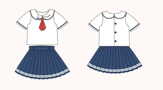 Seaside Skort & Top Set – Hand Embroidered Cotton Linen Boutique Girls Set | Nautical Pleated Skort Heirloom Style