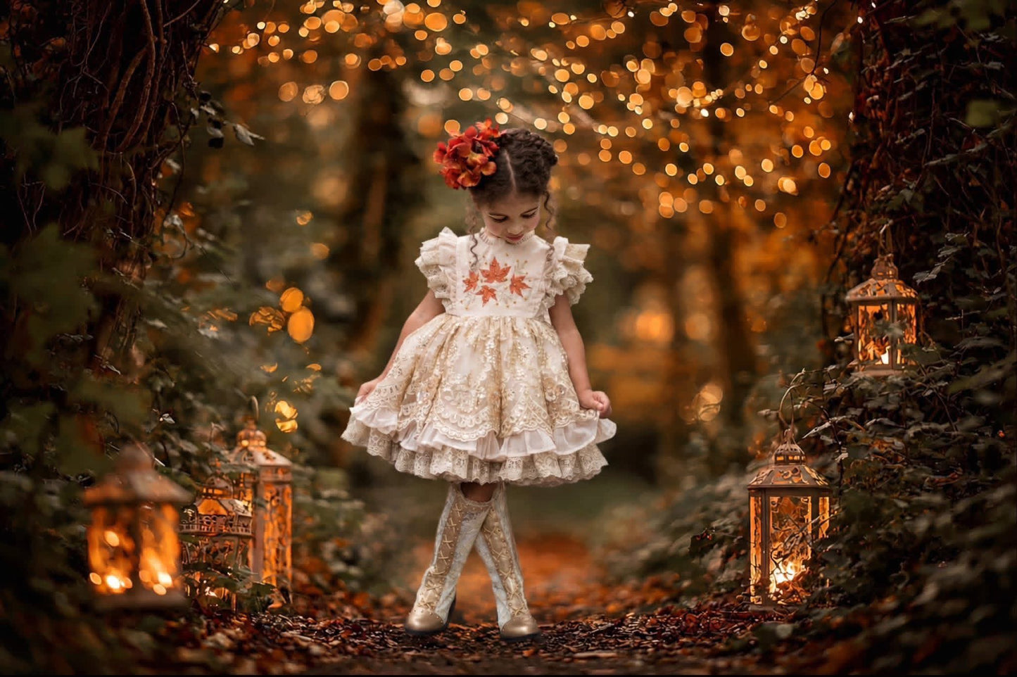 Falling in Lace — Embroidered Autumn Leaf Girls Dress | Gold Lace Ruffle Heirloom Boutique Dress