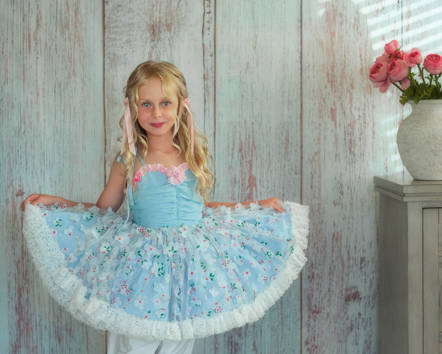 Petite Fleur du Ciel – Floral Print Vintage Inspired Boutique Girls Dress | Chiffon Tulle 3D Floral Luxury Occasion And Birthday Dress