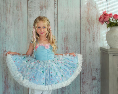 Petite Fleur du Ciel – Floral Print Vintage Inspired Boutique Girls Dress | Chiffon Tulle 3D Floral Luxury Occasion And Birthday Dress