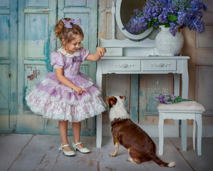 Lilas Étoilé Dress – Floral Print Vintage Inspired Boutique Girls Dress | Cotton Organza Lace Puff Sleeve Heirloom Style