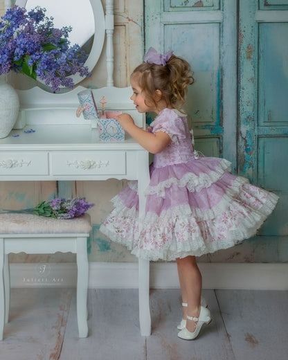 Lilas Étoilé Dress – Floral Print Vintage Inspired Boutique Girls Dress | Cotton Organza Lace Puff Sleeve Heirloom Style