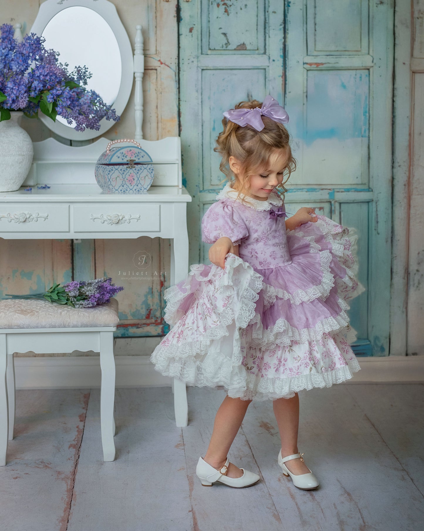 Lilas Étoilé Dress – Floral Print Vintage Inspired Boutique Girls Dress | Cotton Organza Lace Puff Sleeve Heirloom Style