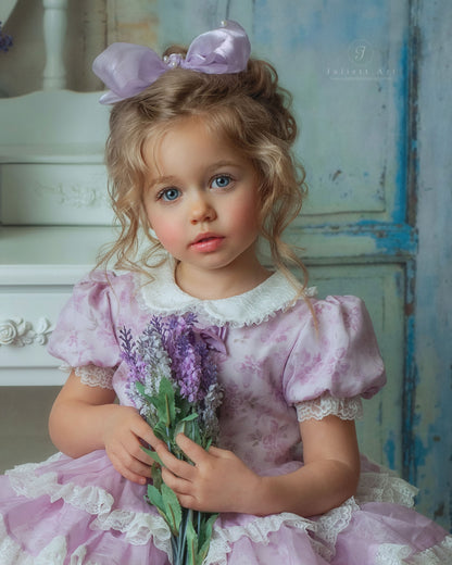 Lilas Étoilé Dress – Floral Print Vintage Inspired Boutique Girls Dress | Cotton Organza Lace Puff Sleeve Heirloom Style