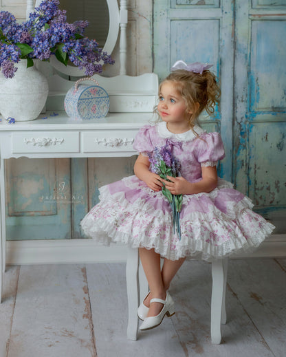 Lilas Étoilé Dress – Floral Print Vintage Inspired Boutique Girls Dress | Cotton Organza Lace Puff Sleeve Heirloom Style