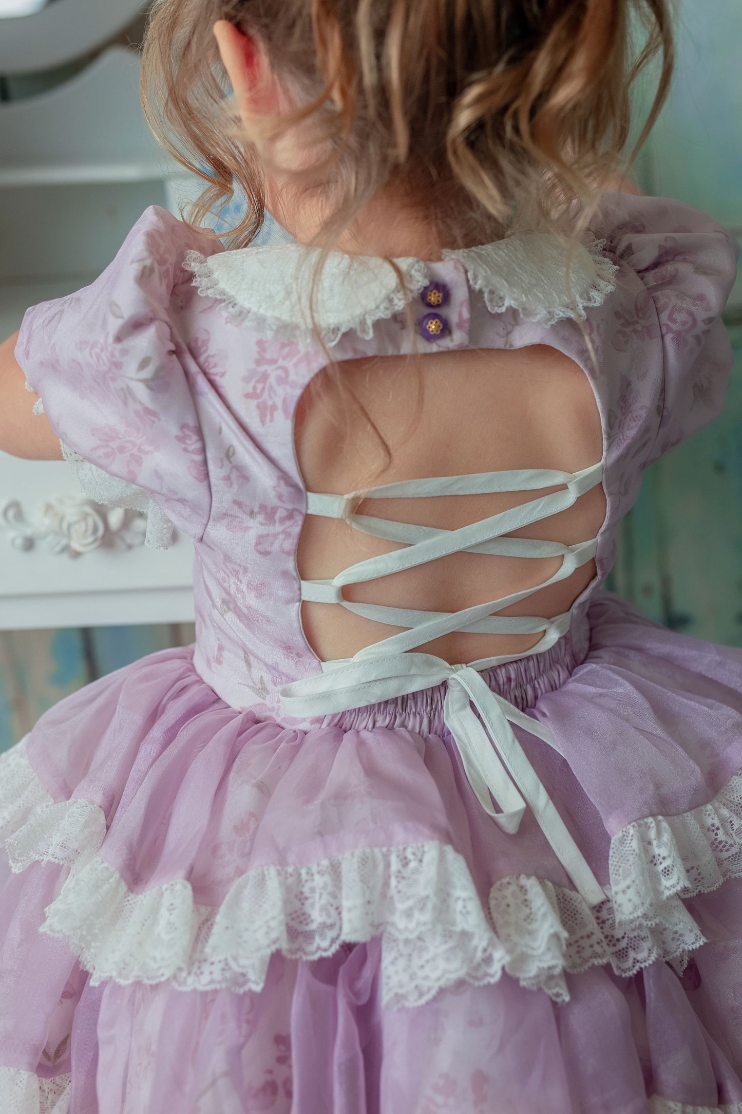 Lilas Étoilé Dress – Floral Print Vintage Inspired Boutique Girls Dress | Cotton Organza Lace Puff Sleeve Heirloom Style
