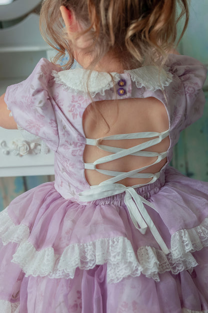 Lilas Étoilé Dress – Floral Print Vintage Inspired Boutique Girls Dress | Cotton Organza Lace Puff Sleeve Heirloom Style