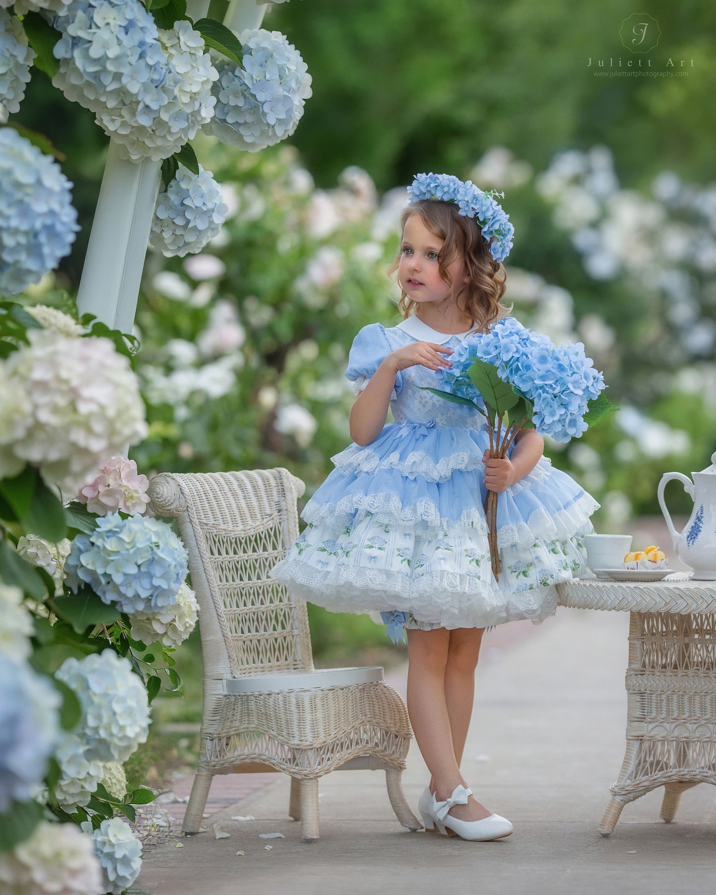 Hydrangea Bloom Royale – Floral Print Vintage Inspired Boutique Girls Dress | Lace Overlay Puff Sleeve Heirloom Style